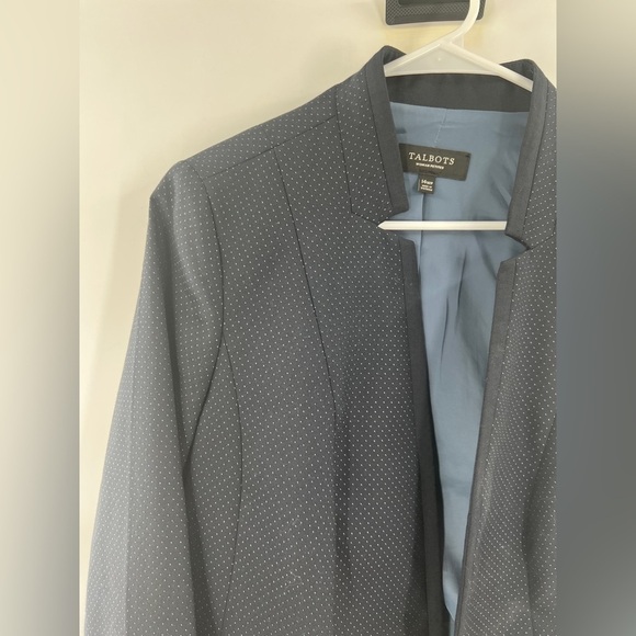 Talbots Aberdeen Wool Blend Blazer Navy Blue Jacket Lined Mini Dot Size 14WP New - Picture 2 of 8